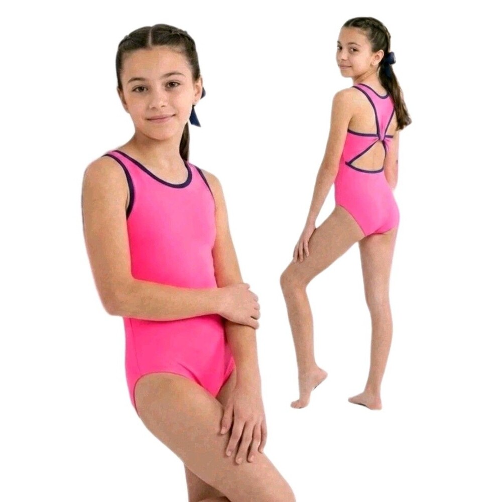 Aja Girls 90s Twisted Triangle Open Back Keyhole Leotard Neon Pink Size 12/14